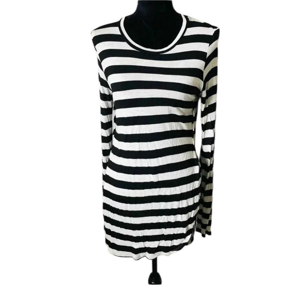 RD Style Women’s Black and white striped long sleeve split hem‎ tunic top Small